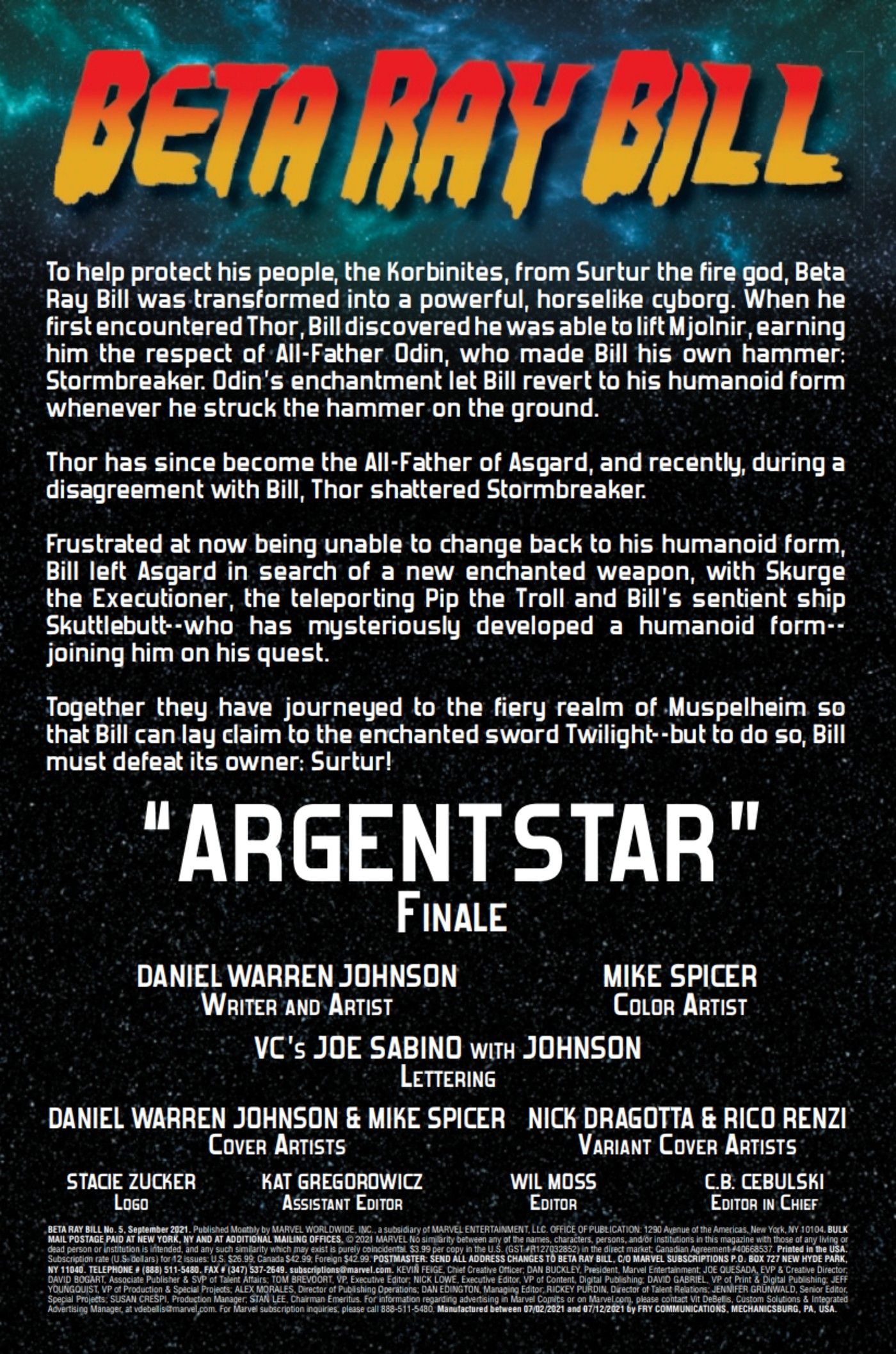 Beta Ray Bill #5 credits preview
