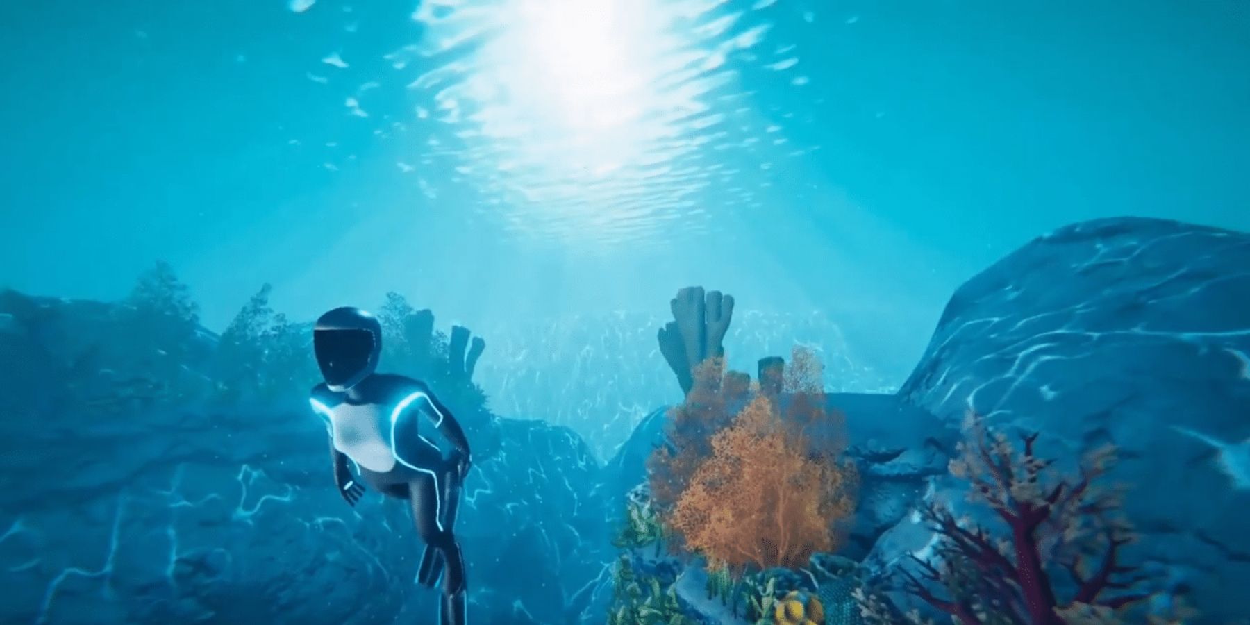 A still of a diver exploring the ocean in the video game, Beyond Blue