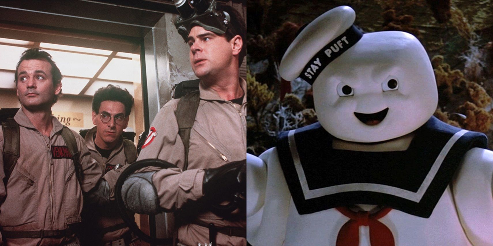 Bill Murray, Harold Ramis, Dan Aykroyd, and the Stay Puft Marshmallow Man in Ghostbusters