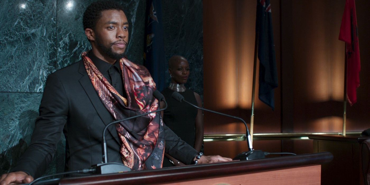 T'Challa stands at a press conference