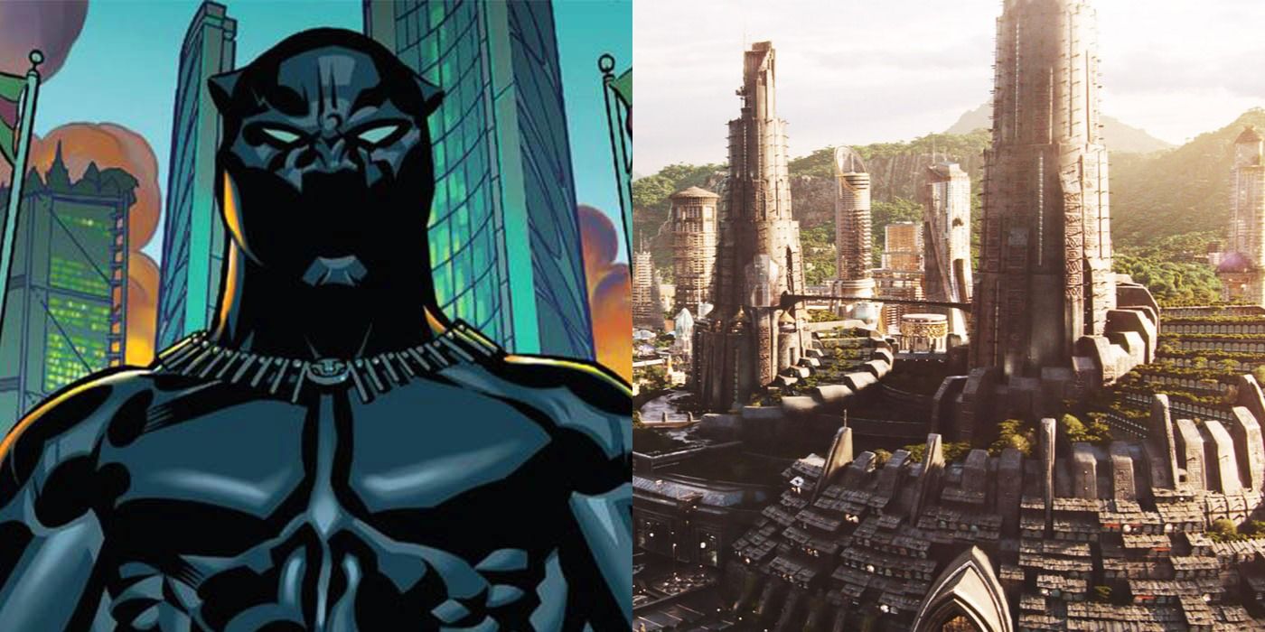 Split image of Comics Black Panther in Wakanda and the Wakanda skyline