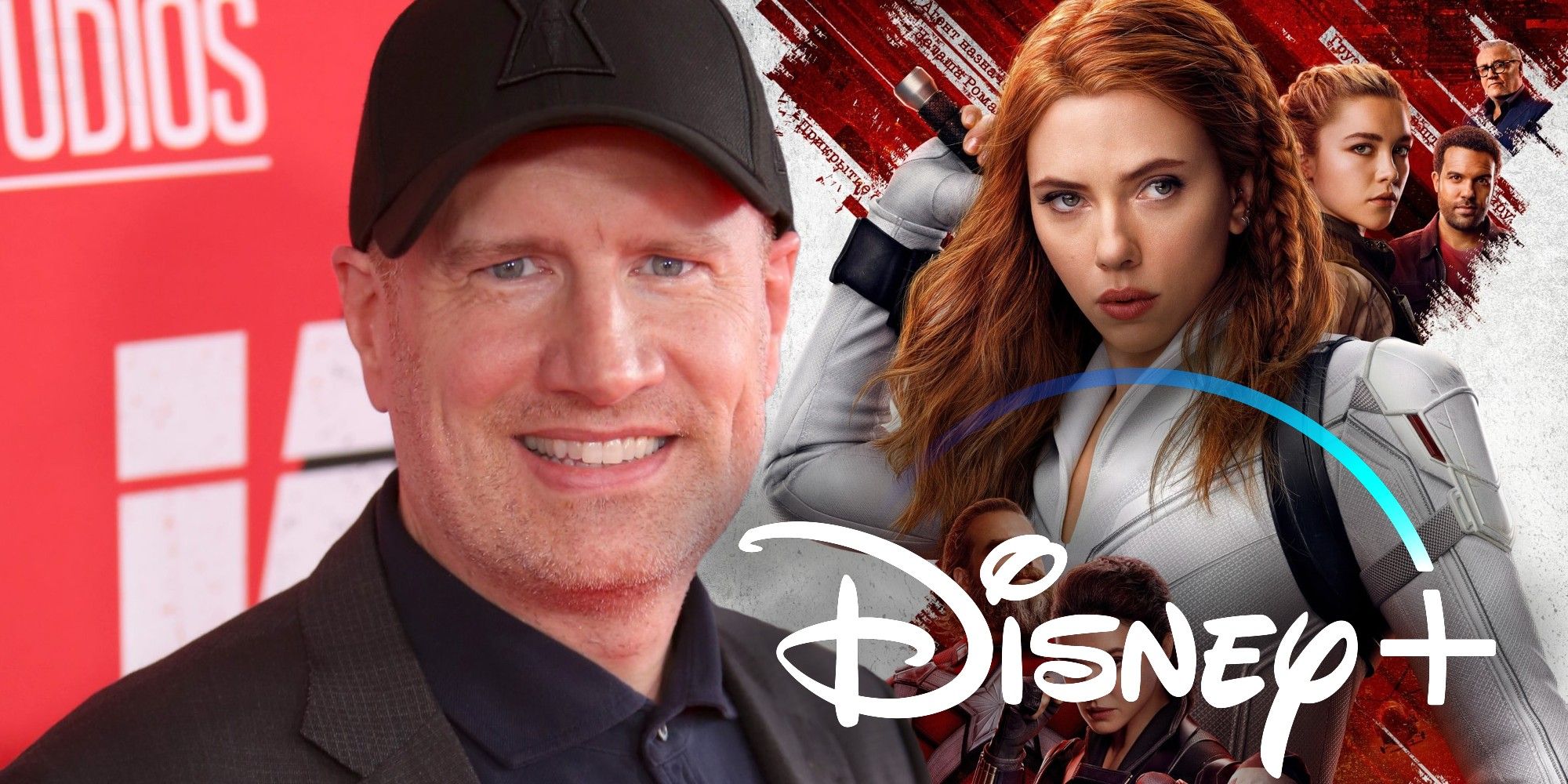 Split image showing Kevin Feige smiling and a poster for Black Widow with the DIsney+ logo