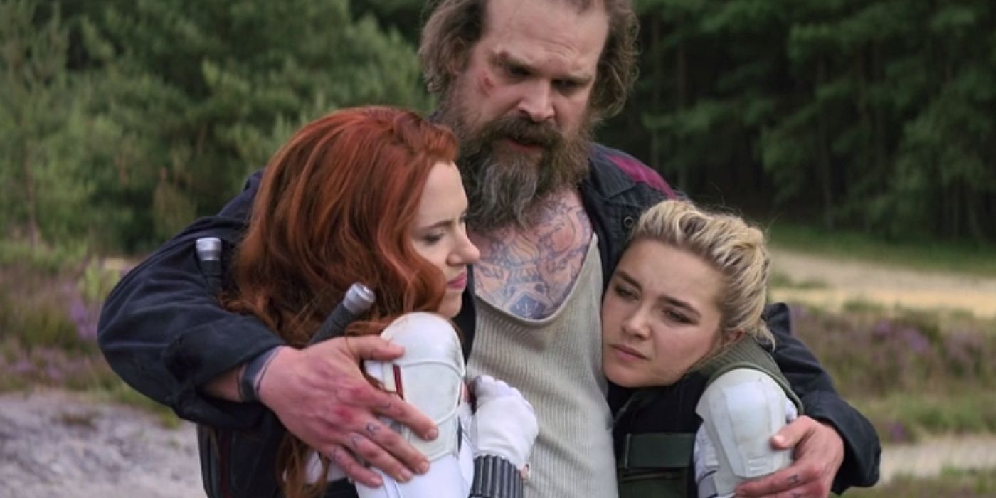 Alexei hugs Natasha and Yelena in Black Widow