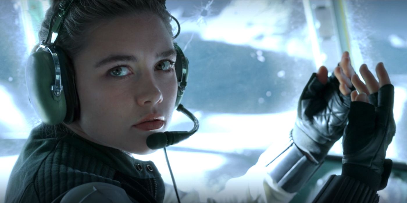 An image of Yelena helping to fly the plane in Black Widow
