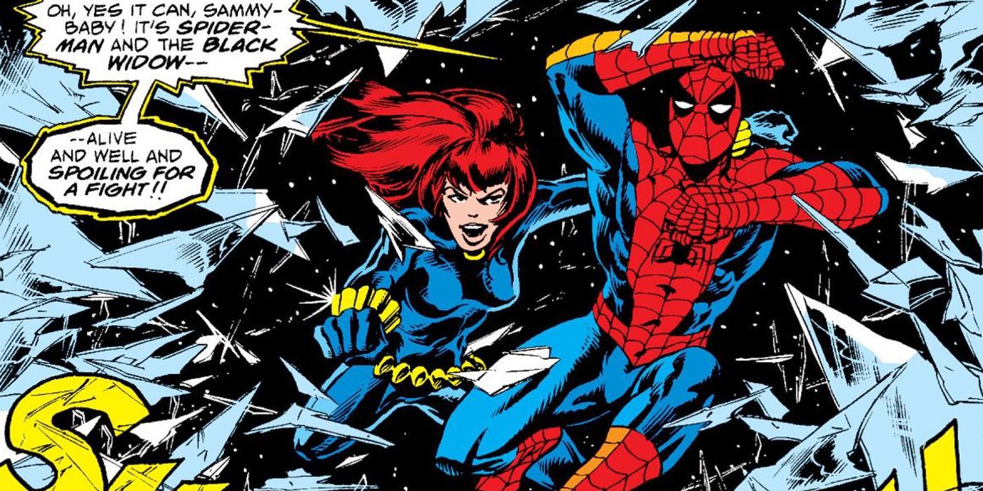 Black Widow and Spider-Man fighting together.