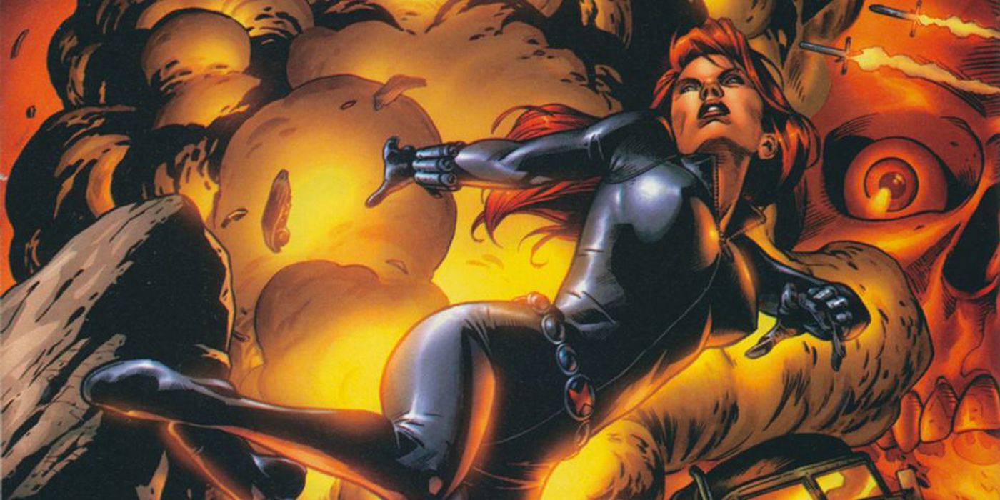 Black Widow leaping out of an explosion. in the comics