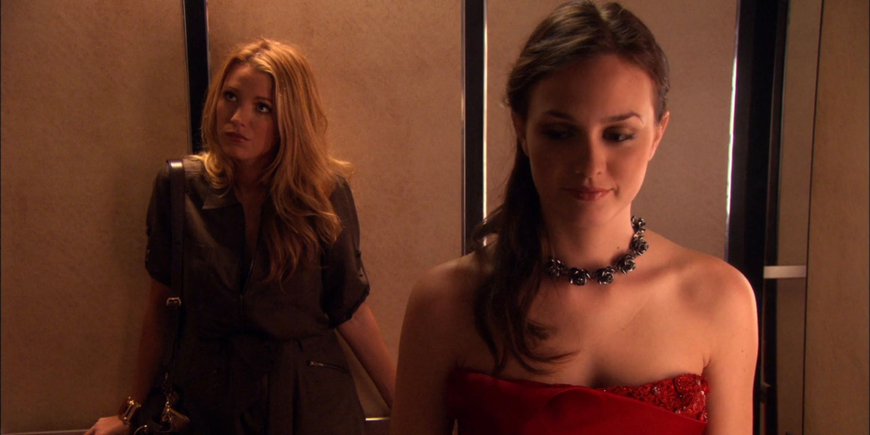 Blair and Serena trapped in the elevator in Gossip Girl.