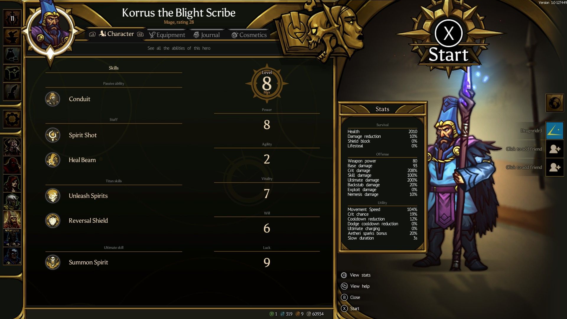 A look at the stats page of a Blightbound character.