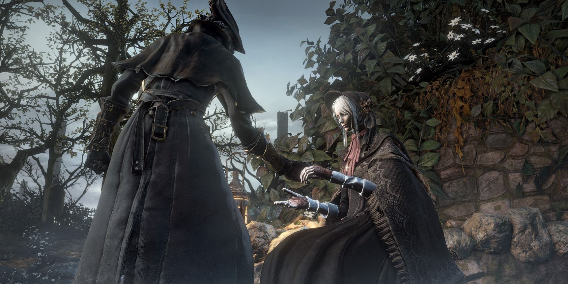 Player character interacting with the Doll in the Hunter's Dream in Bloodborne