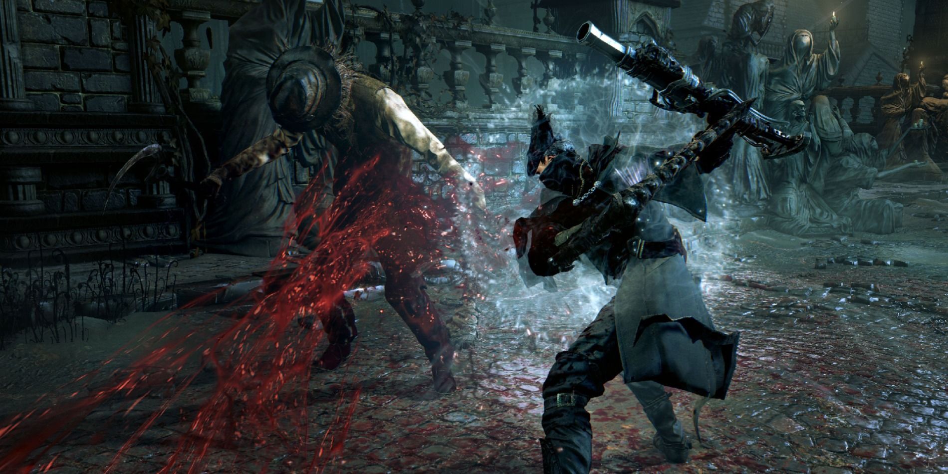 The Hunter fighting off a disease-ridden enemy in Bloodborne