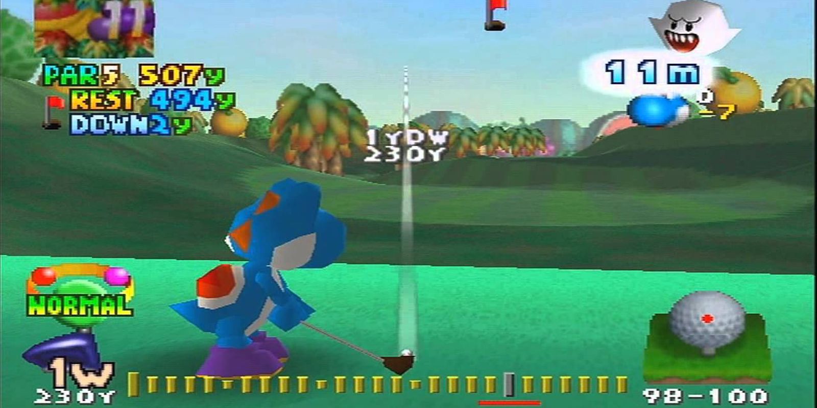 Blue Yoshi lining up a shot in Mario Golf