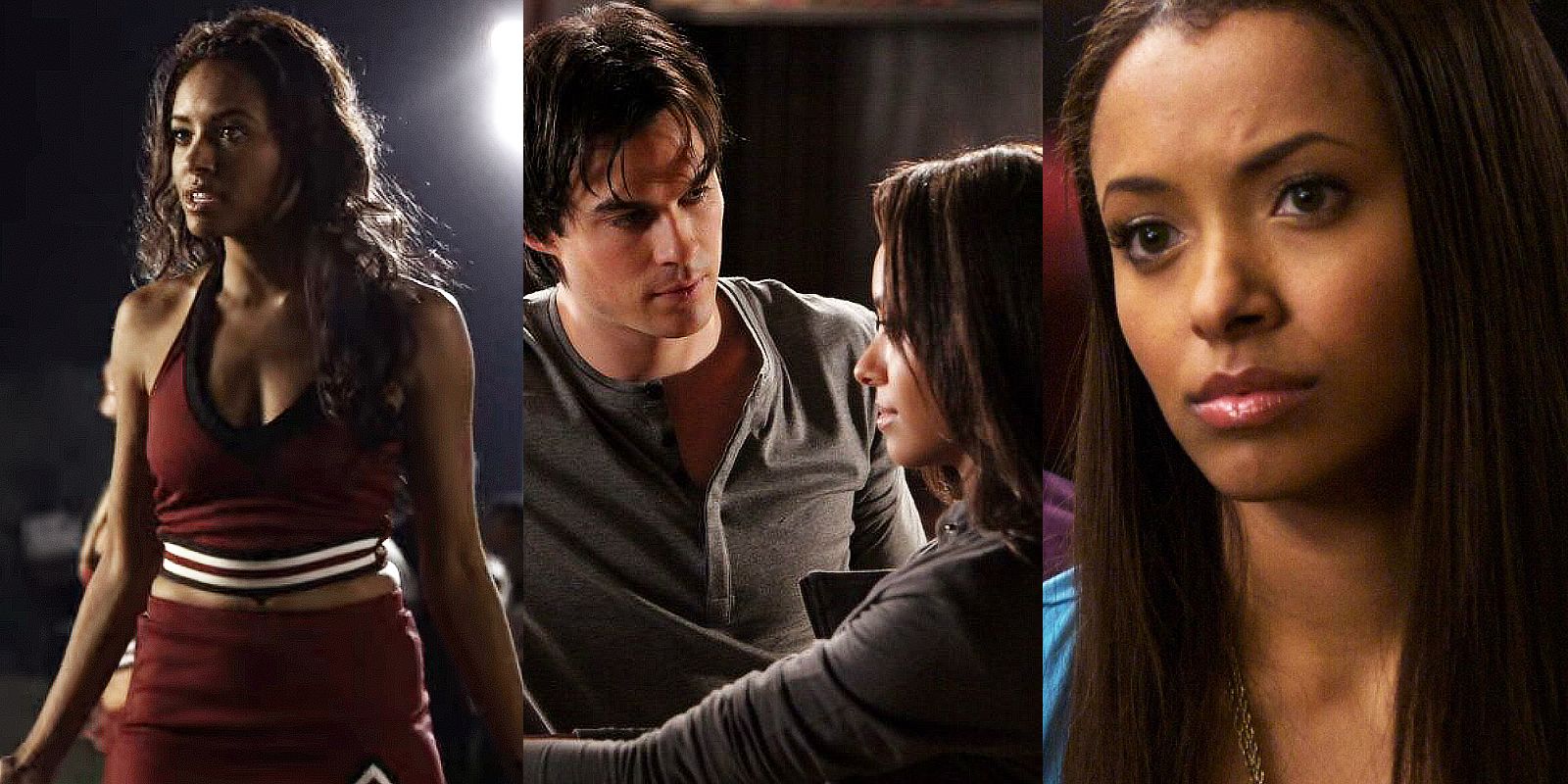 Split image of Bonnie on either side of a picture of Bonnie and Damon in The Vampire Diaries