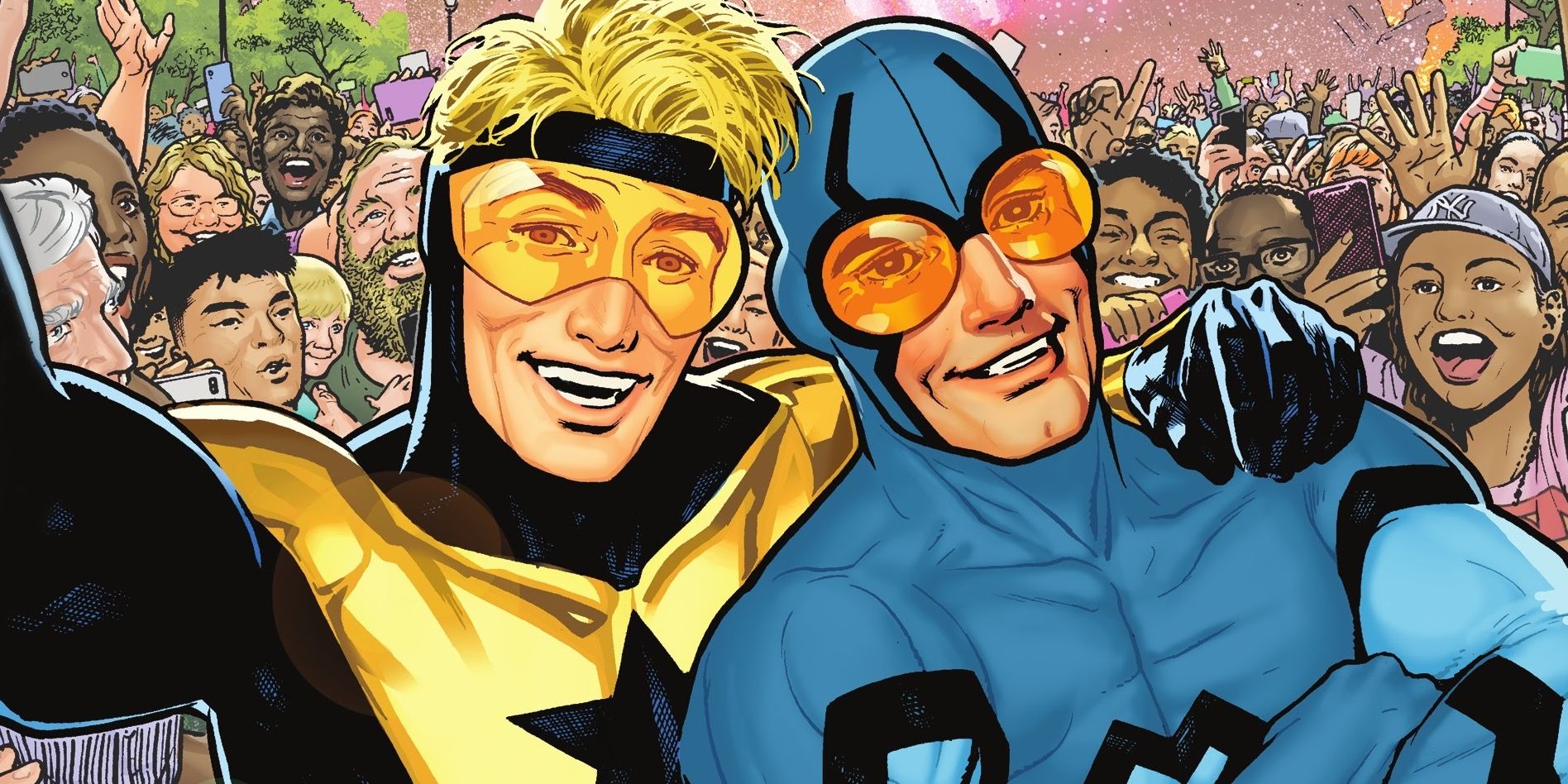 Booster Gold and Blue Beetle huging and taking a selfie