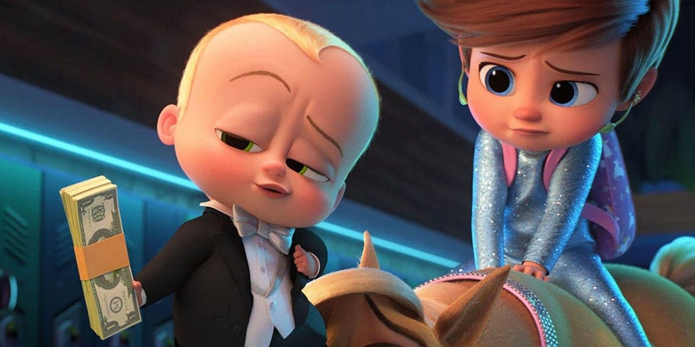Young Tim looks worriedly at Baby Ted holding a bundle of cash in The Boss Baby: Family Business