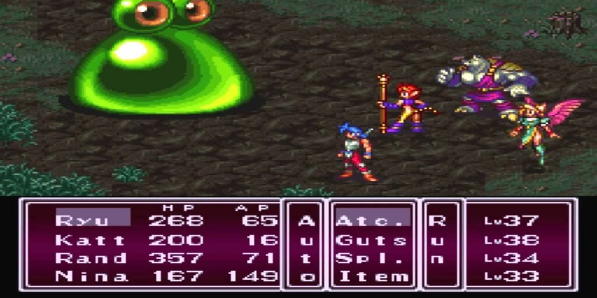 The battle screen from Breath of Fire 2.