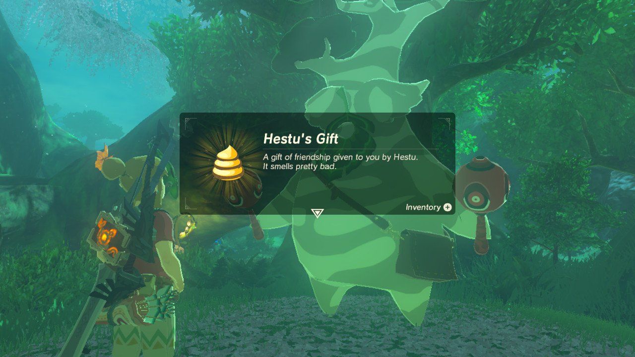 Link receiving Hestu's Gift in BOTW, the reward for collecting every Korok Seed 