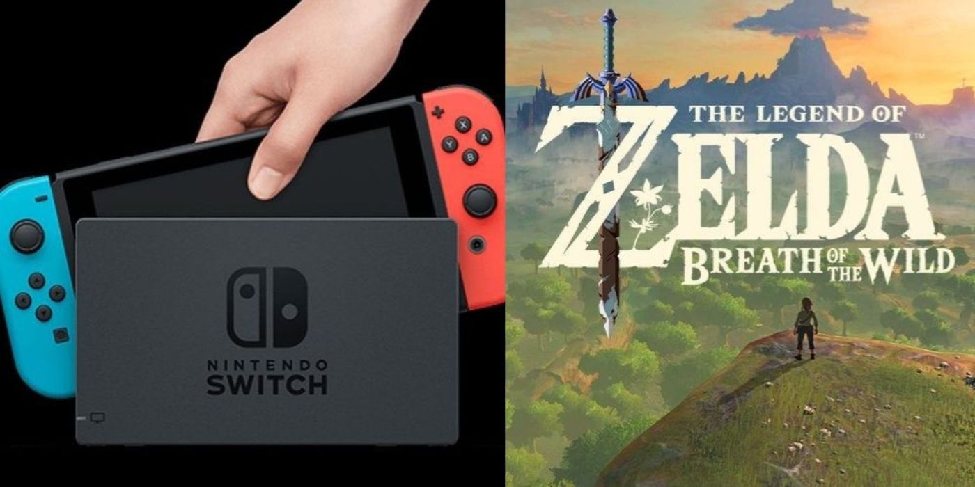 Split image of a hand grabbing Nintendo Switch and a scene from Zelda.