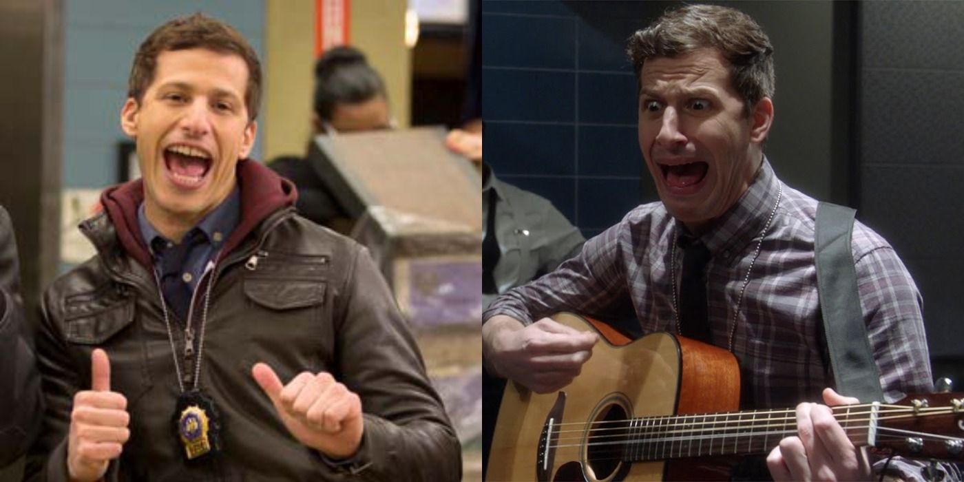 A split image of Jake smiling and him screaming while playing his guitar in Brooklyn Nine-Nine