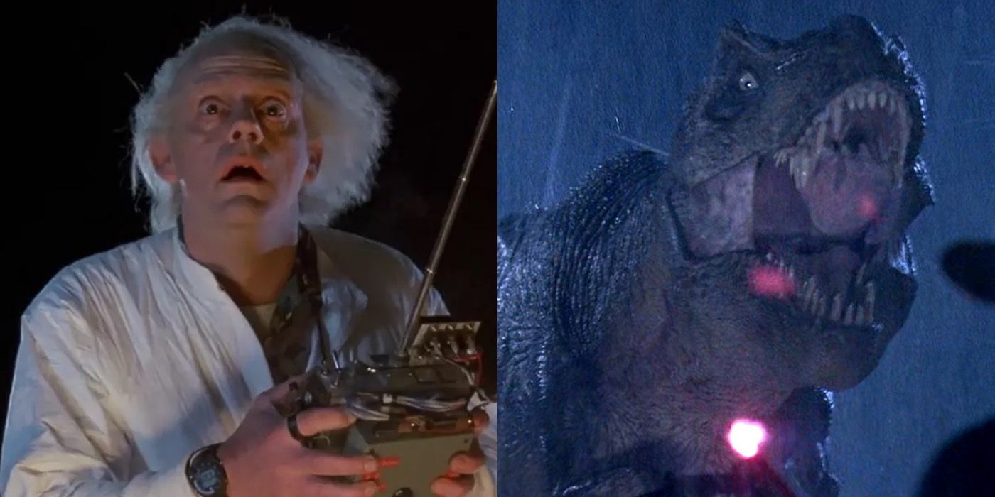 Split image of Doc in Back to the Future and the T-Rex in Jurassic Park