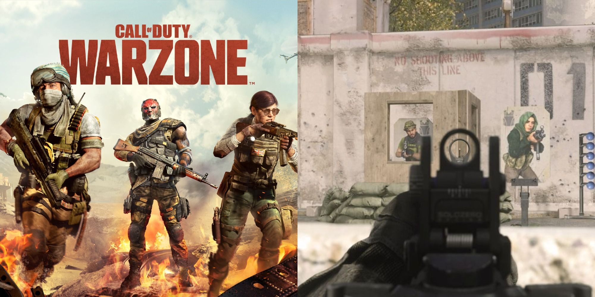 Split image showing the poster to Call of Duty Warzone and the Practice Mode