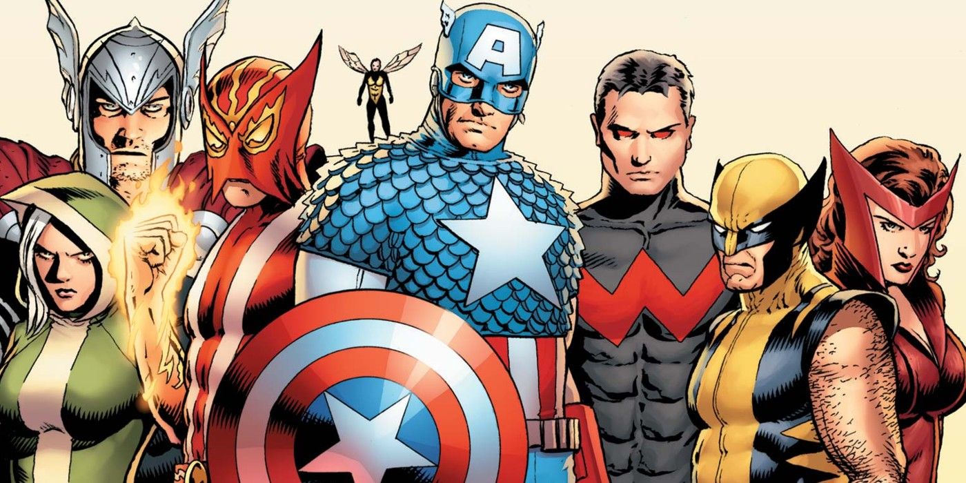 Uma formação dos Vingadores incluindo Thor, Vespa, Capitão América, Wolverine, Feiticeira Escarlate e outros heróis.