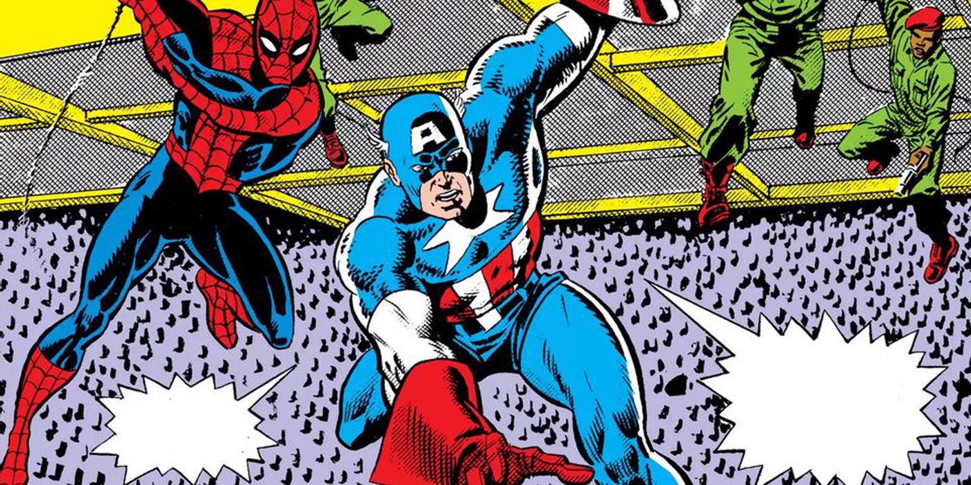 Captain America and Spider-Man fighting together.