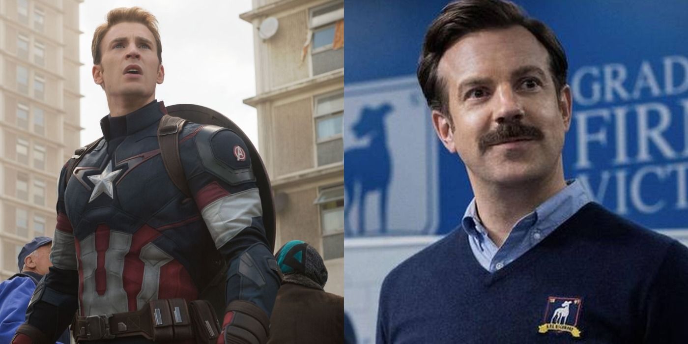 Split image Chris Evans as Captain America Avengers Age of Ultron and Jason Sudeikis as Ted Lasso