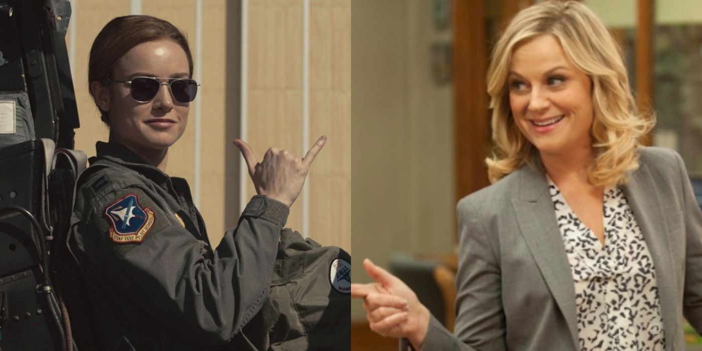 Split image Brie Larson Carol Danvers Captain Marvel and Amy Poehler Leslie Knope Parks and Rec