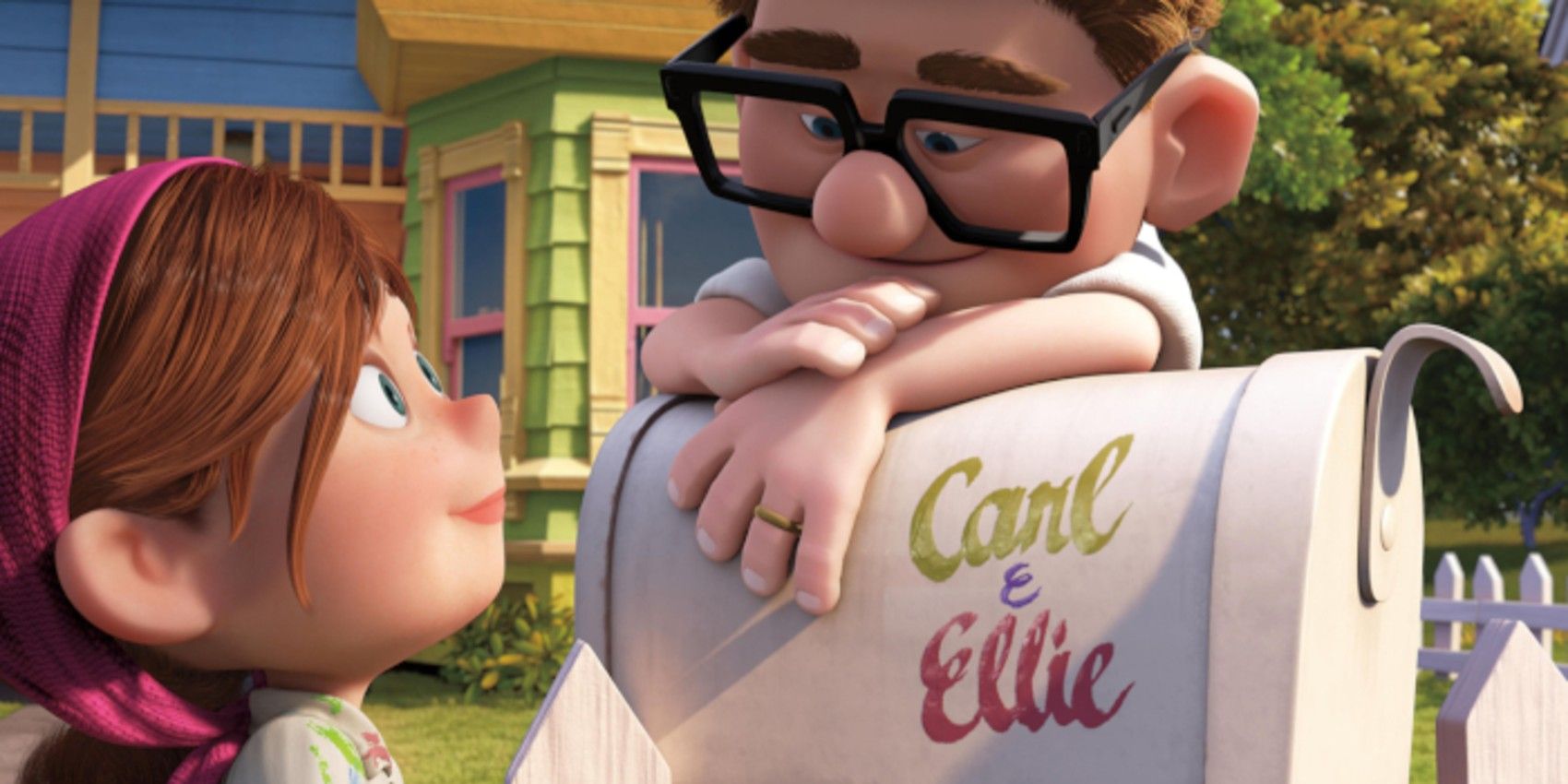 Carl and Ellie paint a mailbox in Pixar Up