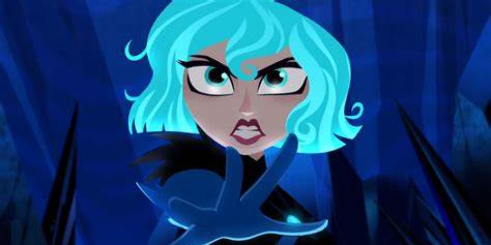 Cassandra from Tangled The Series with glowing blue hair holding out her hand with an evil expression