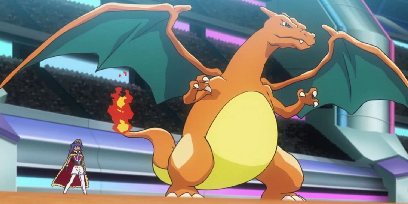 Leon sends his Charizard into battle in the Pokémon Journeys anime