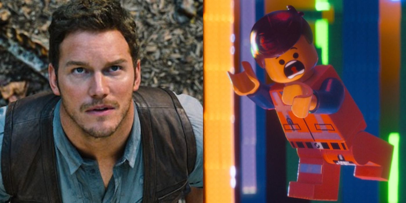 Split image Owen Grady in Jurassic World and Emmitt in The LEGO Movie