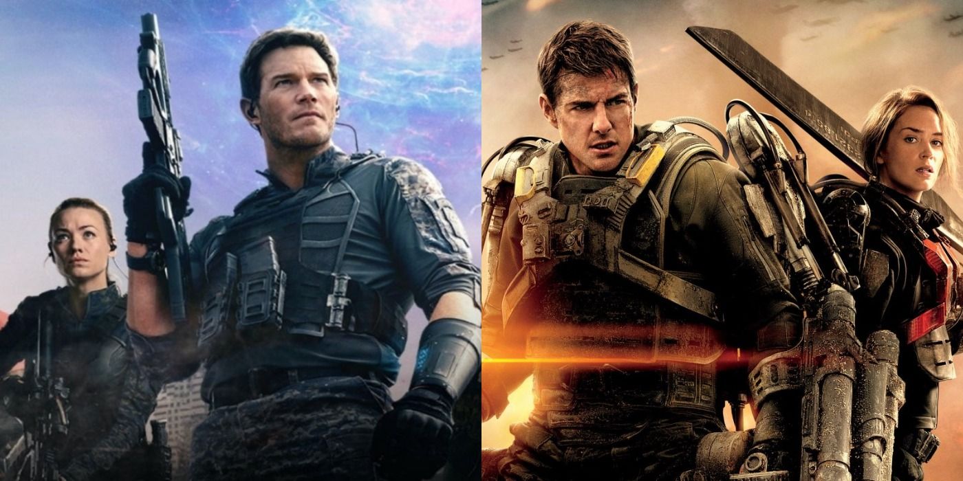 Split image of Chris Pratt and Yvonne Strahovski in The Tomorrow War, and Tom Cruise and Emily Blunt in Edge of Tomorrow