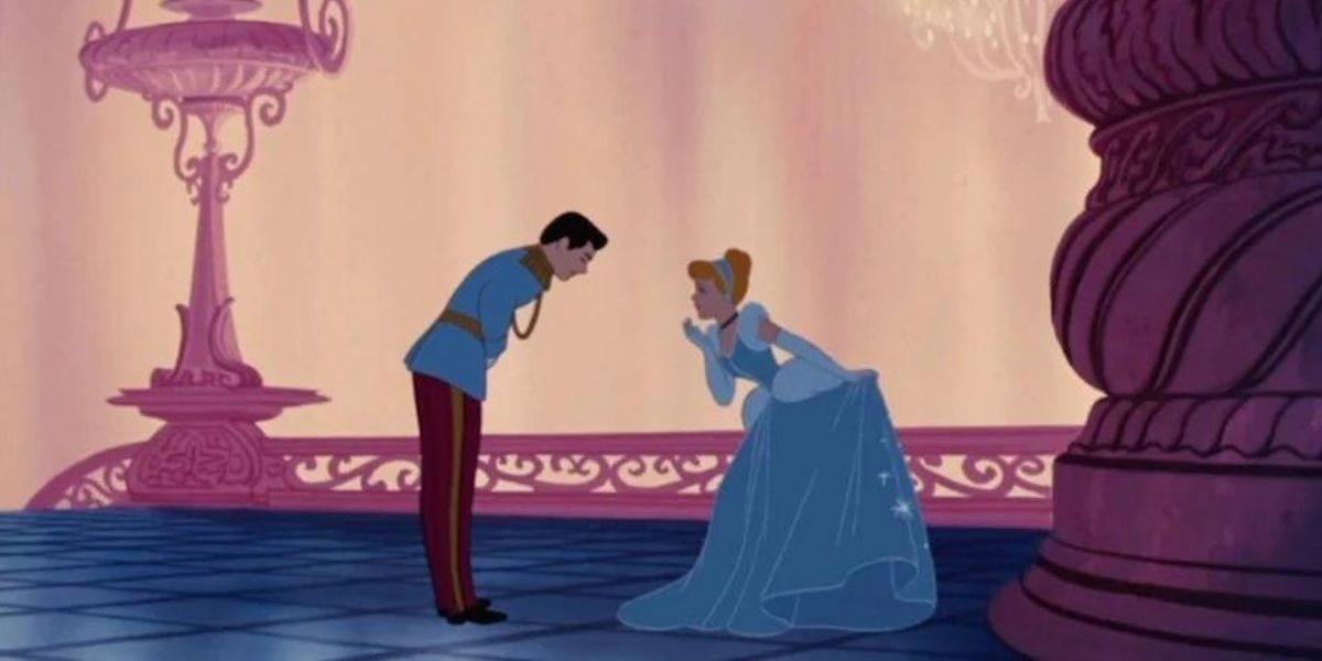 Cinderella and Prince Charming bowing at each other at the ball