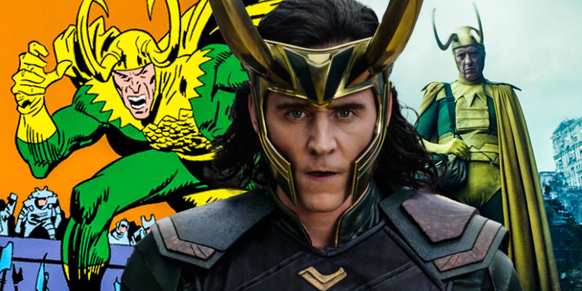 Split image of Loki from comics and Richard E Grant Loki from MCU