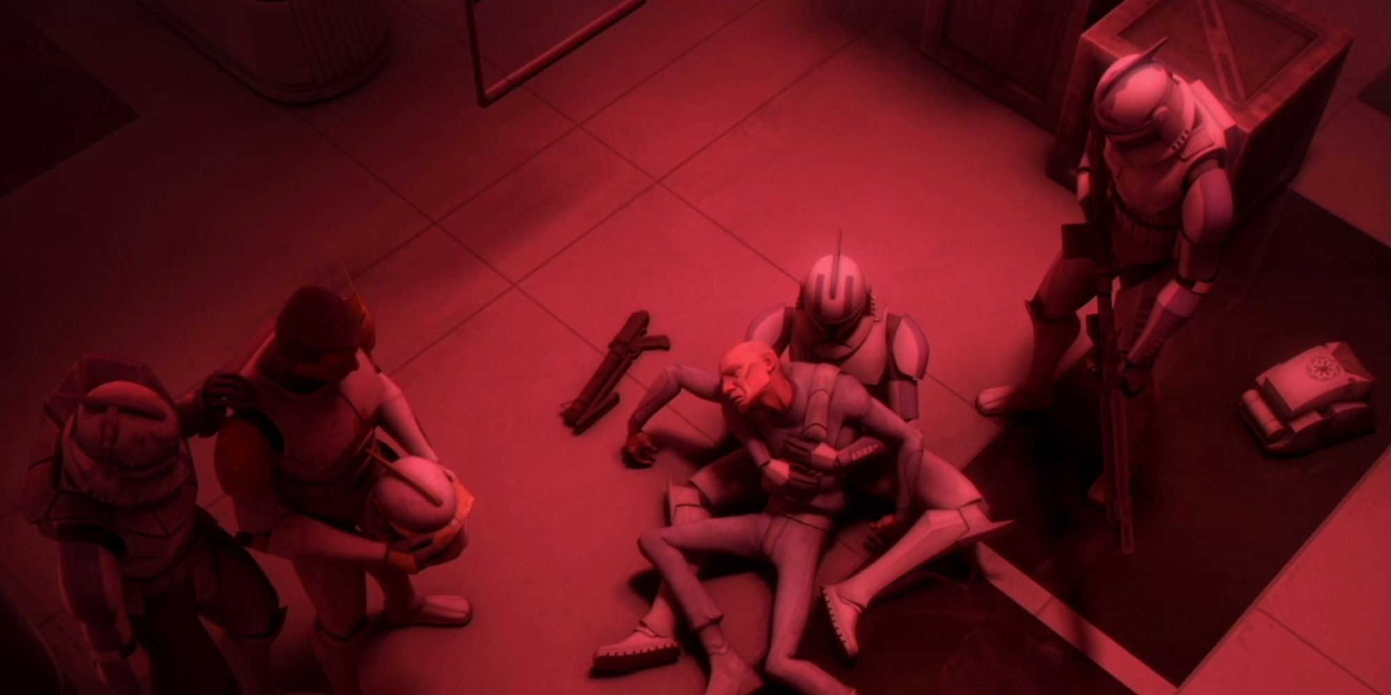 Clones surround and hold 99 as he dies after sacrificing himself in The Clone Wars