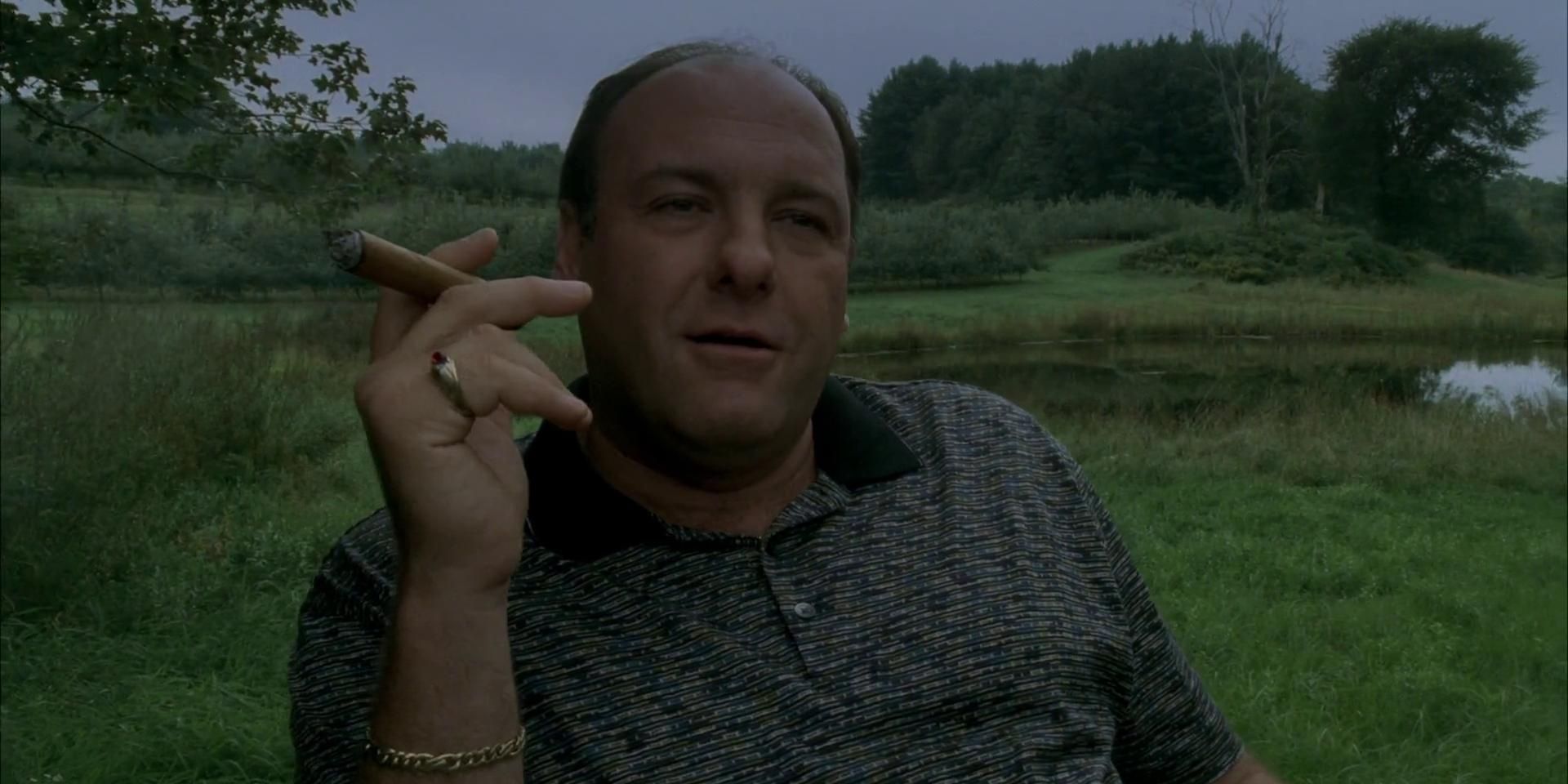 Tony Soprano smoking a cigar in the woods