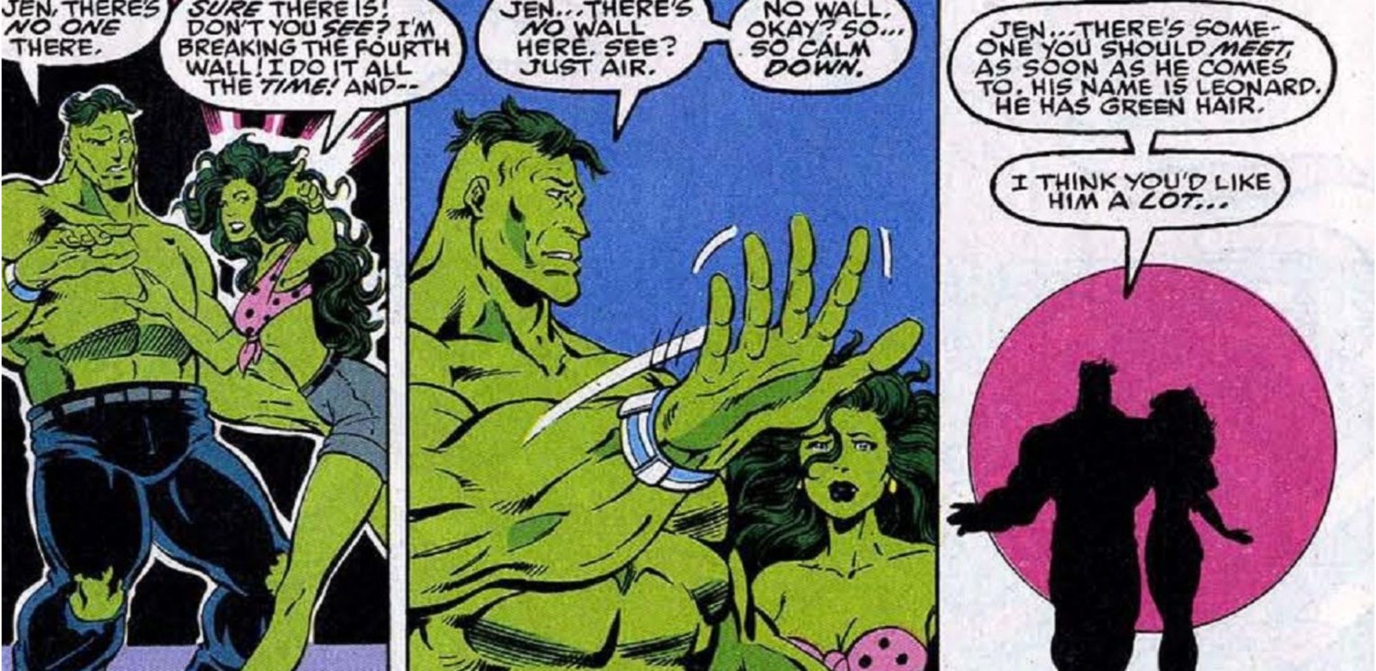 Professor Hulk and She-Hulk debate the fourth wall in Marvel Comics.