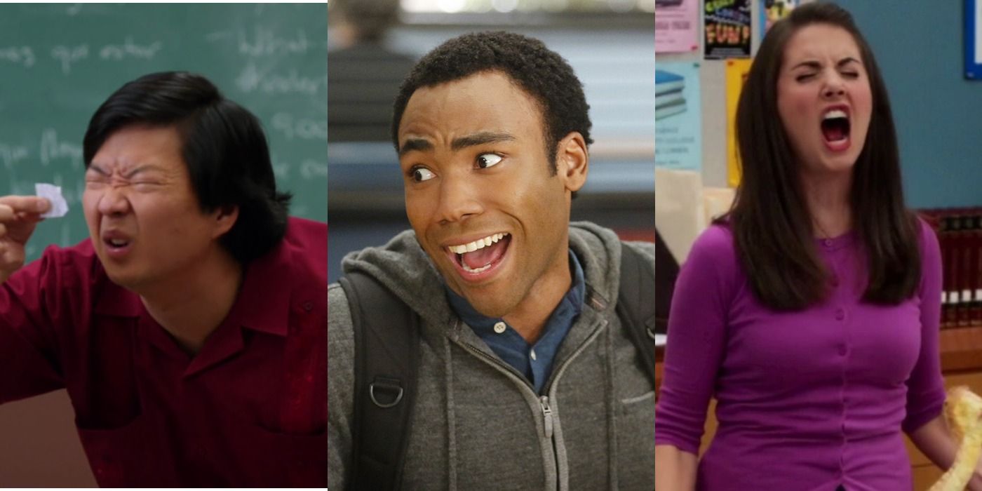 Split image of Ben Chang squinting at a piece of paper, Troy Barnes' smiling and Annie Edison screaming in Community