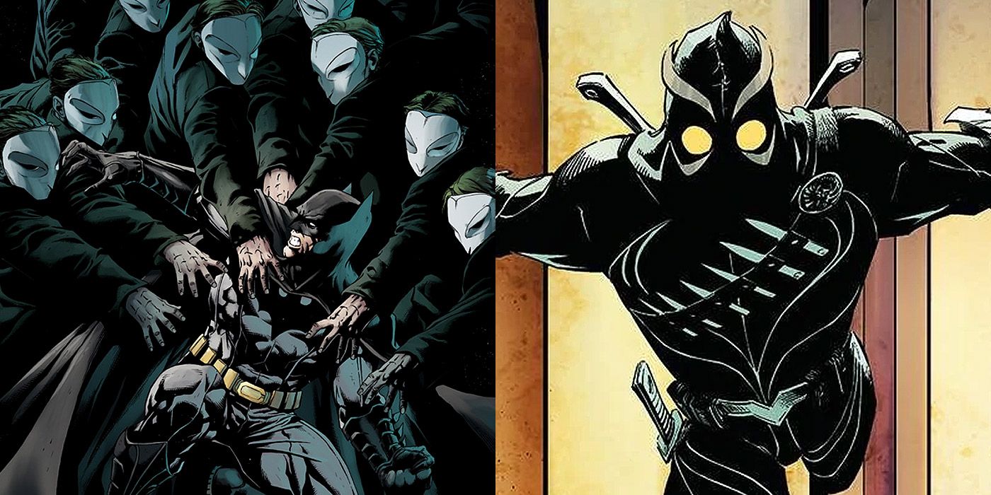 Split image of the Court of Owls attacking Batman, and a Talon assassin