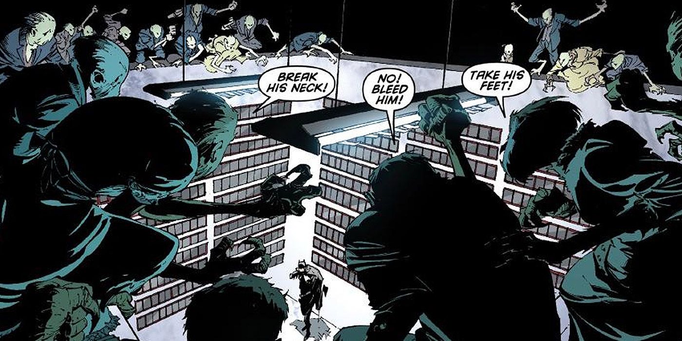 The Court of Owls taunts a captured Batman in their lair