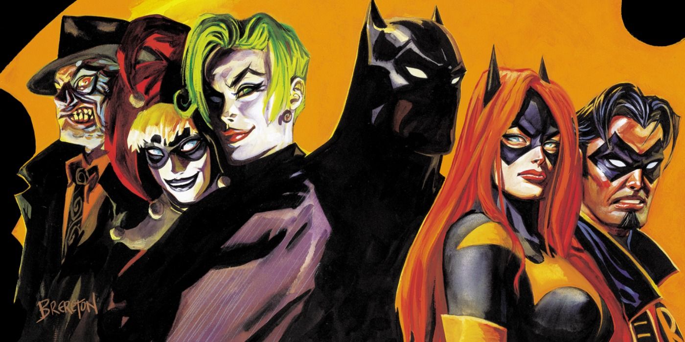 Female Joker, Harley Quinn, Two Face squaring off against Batman Batgirl and Robin from Thrillkiller comic