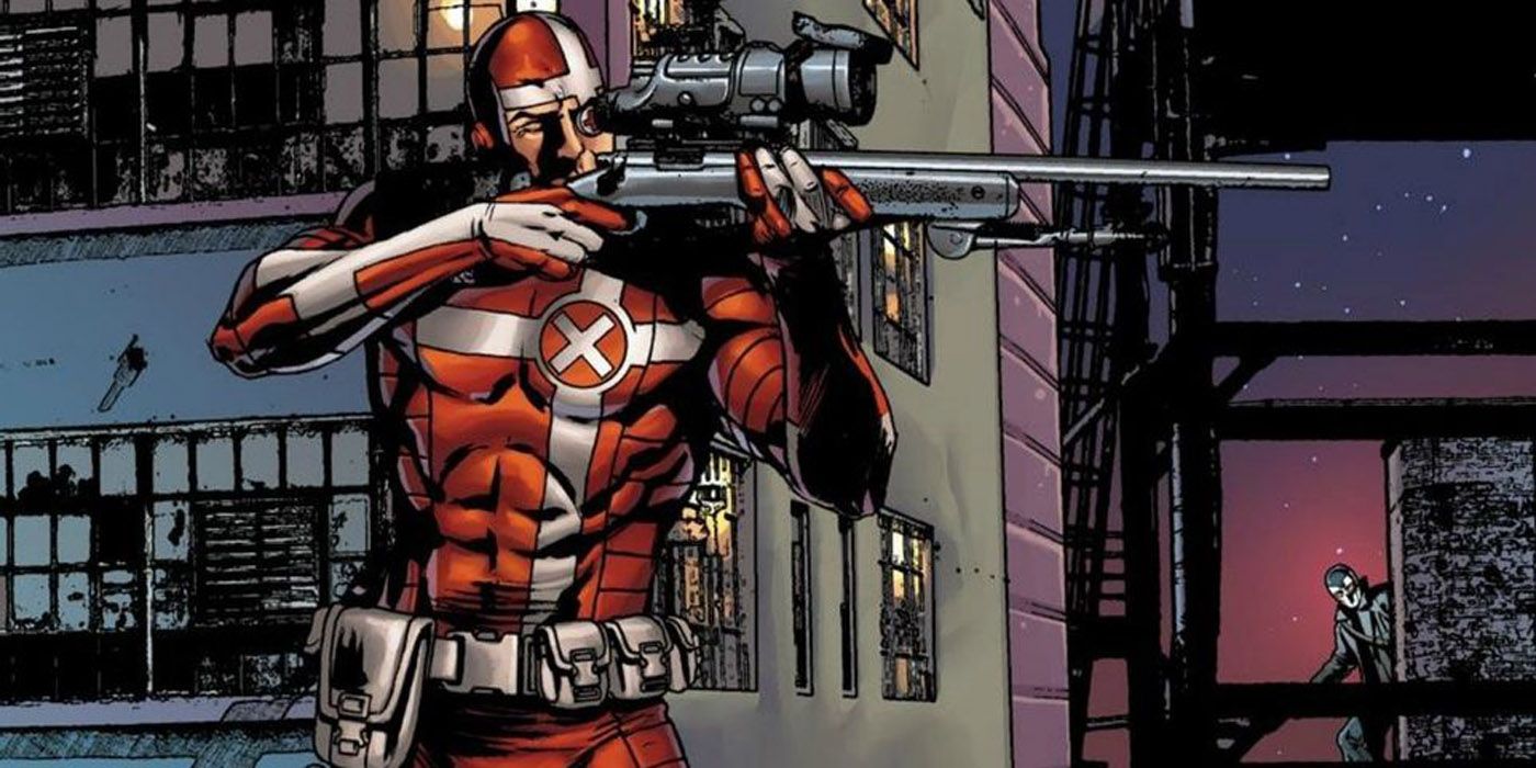 Crossfire aiming at a target in a Hawkeye comic panel.