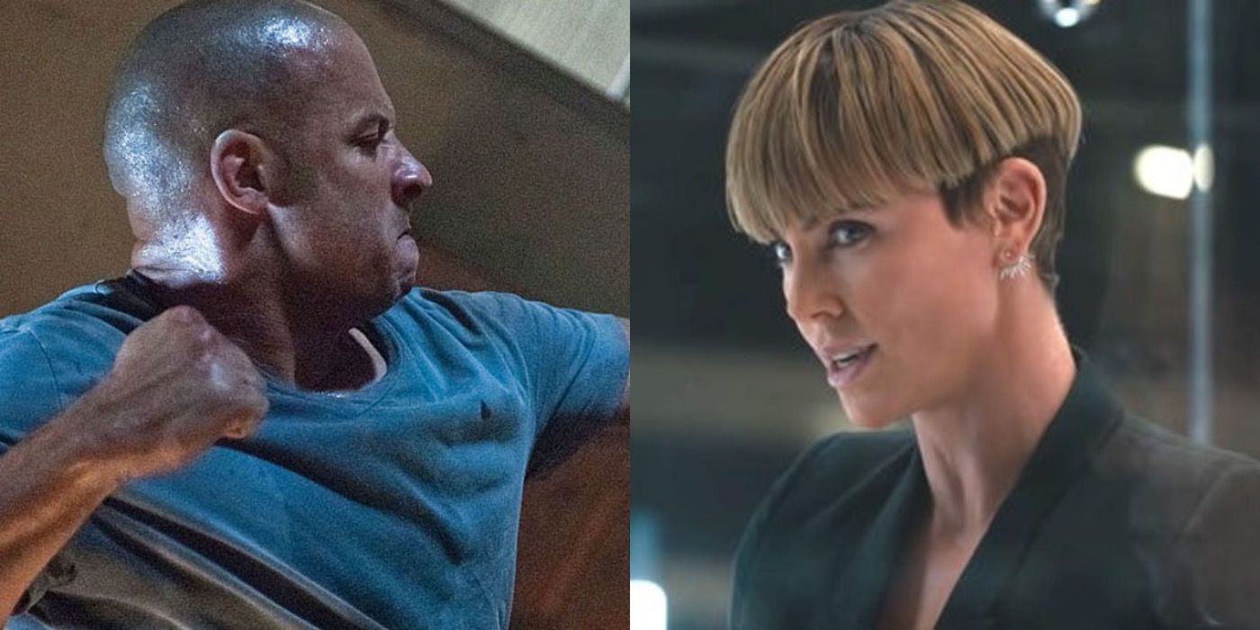 Split image of Dom and Cipher in the Fast and Furious series