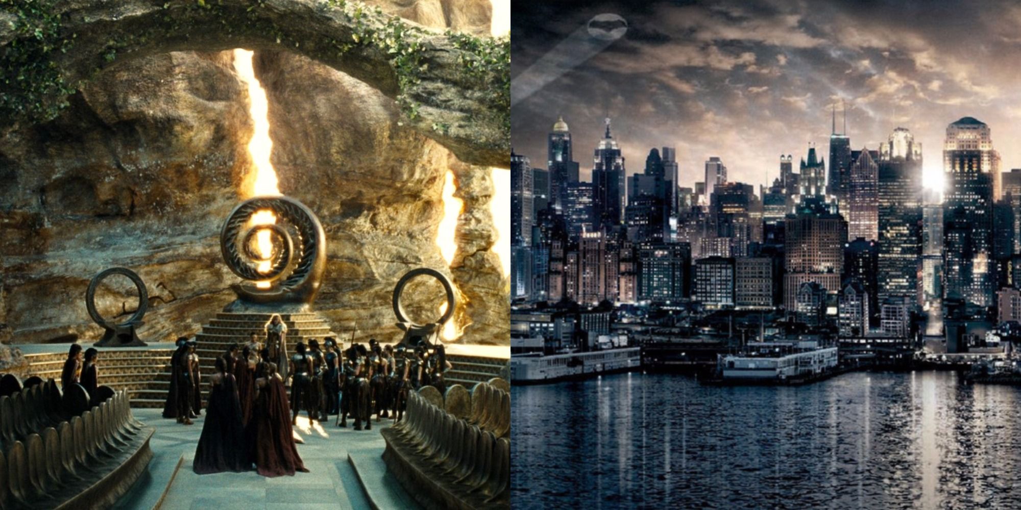 Split image showing thr Throne room in Themyscira and the Gotham City skyline in the DCEU