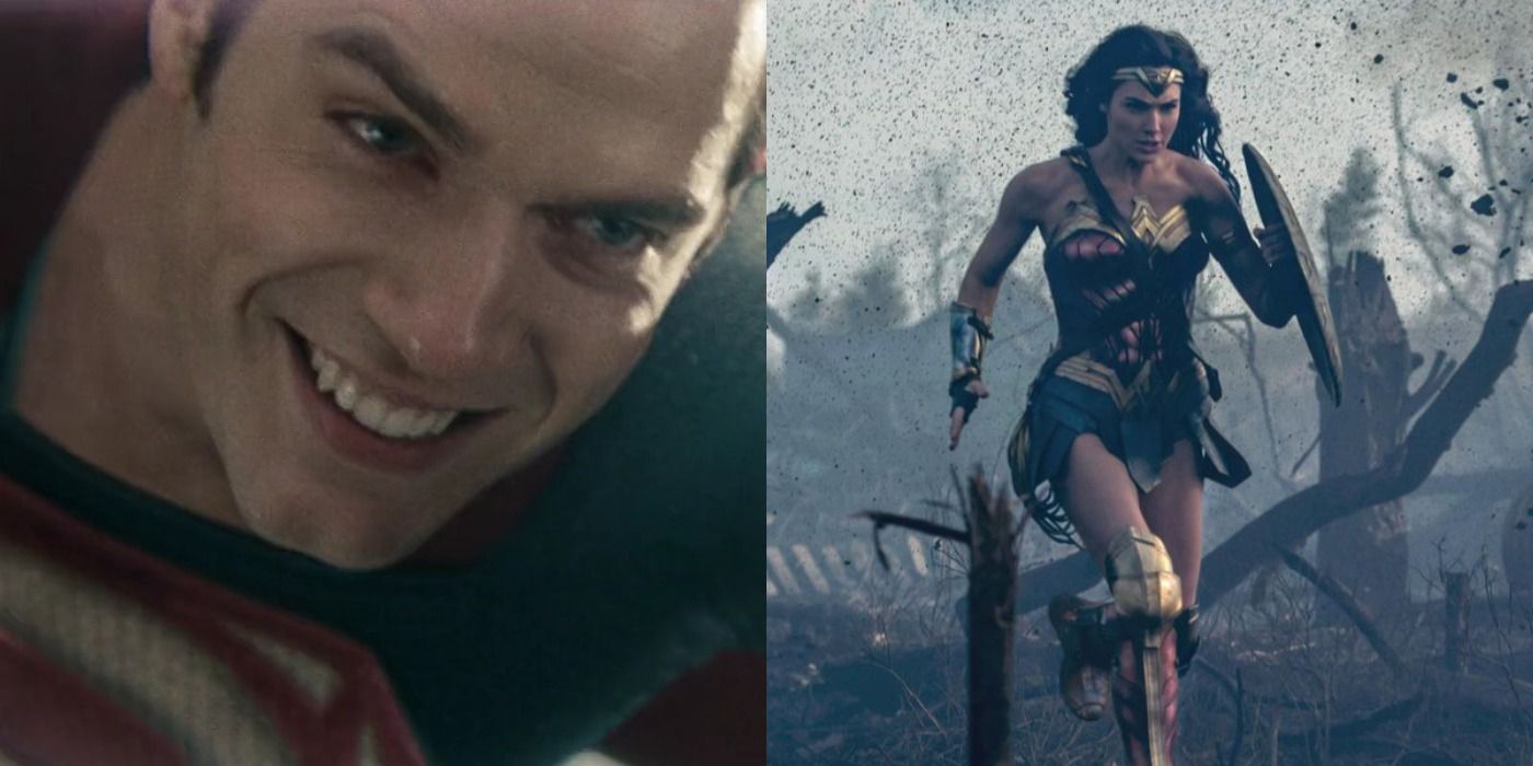 Split image Henry Cavill flight Superman in Man of Steel and Gal Gadot as Diana in Wonder Woman