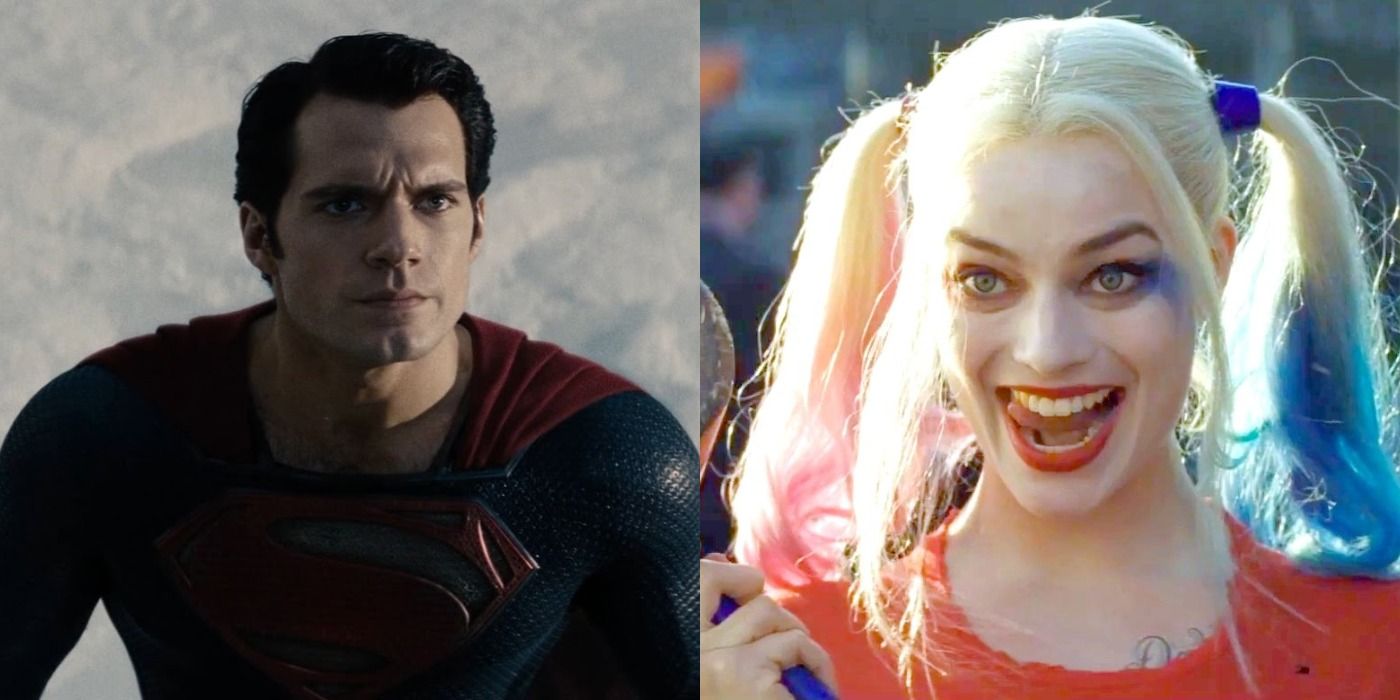 Split image: Superman looks up/ Harley Quinn sticks her tongue out