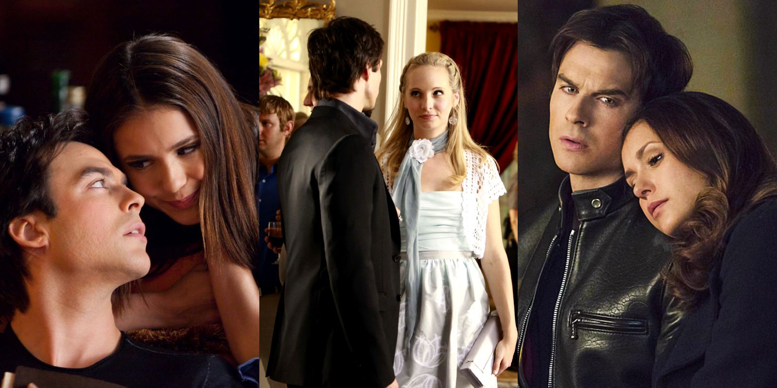Split image of Damon Salvatore with Elena and Caroline in The Vampire Diaries