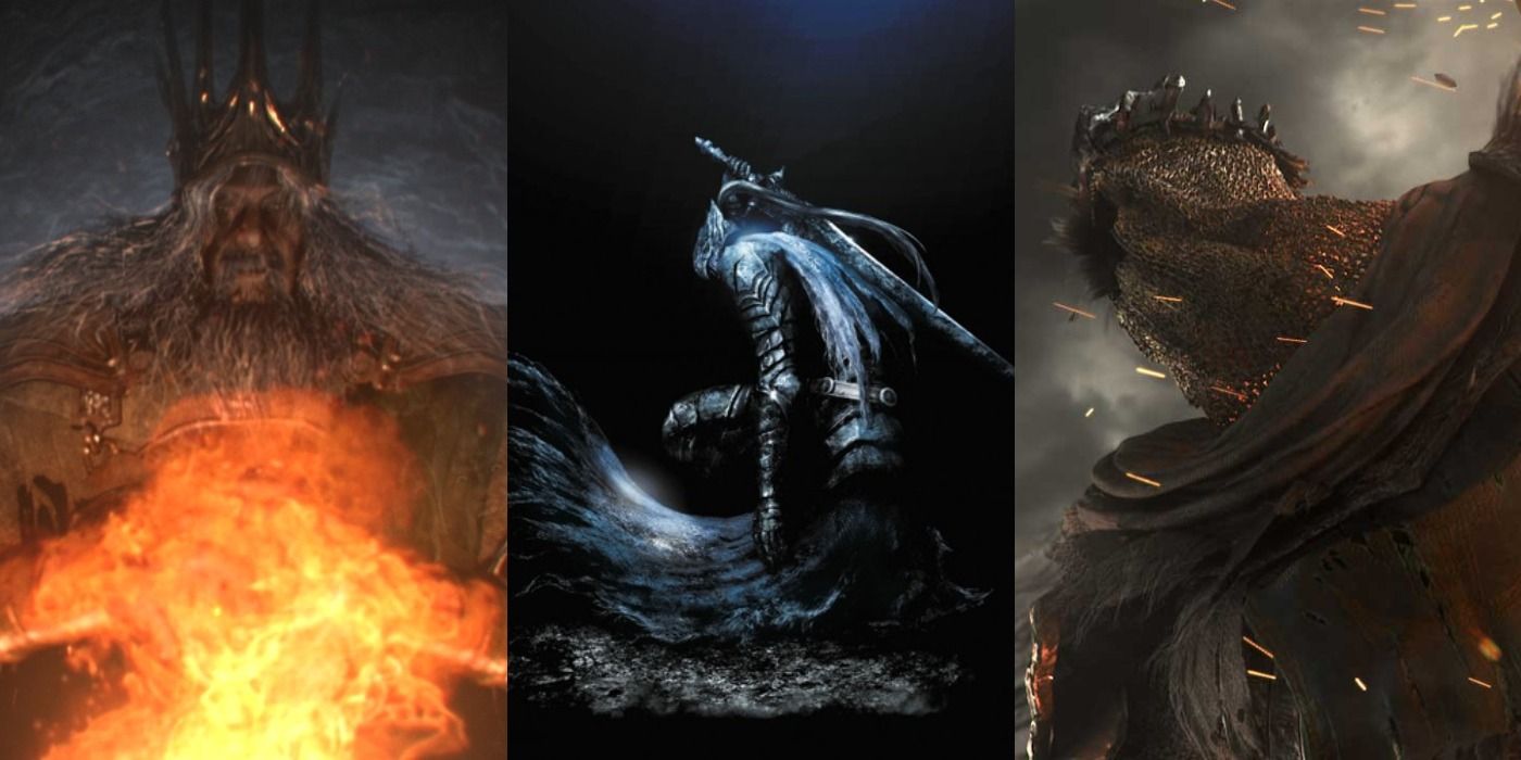 Split image of Gwyn, Artorias, and Yhorm the Giant from the Dark Souls series.
