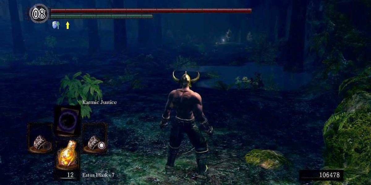 A player wielding dual Caestus, fishing for PvP in the forest.